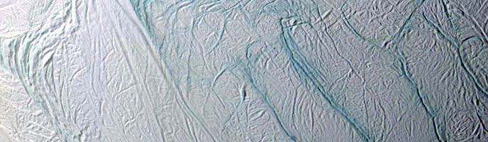 This enhanced color mosaic close-up was created from several Cassini images of Enceladus